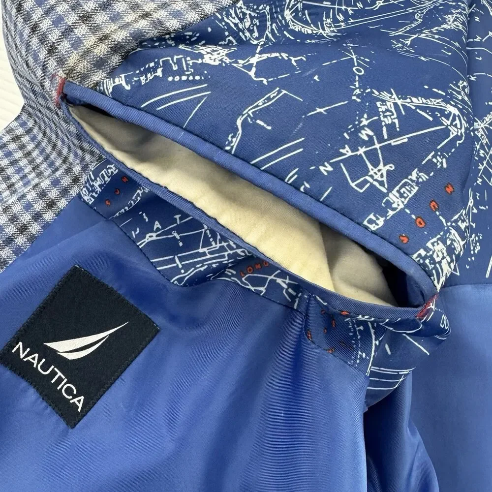 Nautica Mens Blue Plaid Blazer Sport Coat Stretch Map Lining 48R